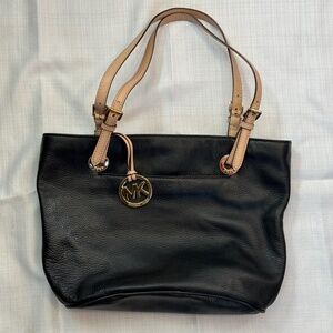 Michael Kors Black Pebble Leather Shoulder Tote W/ Tan Leather Straps